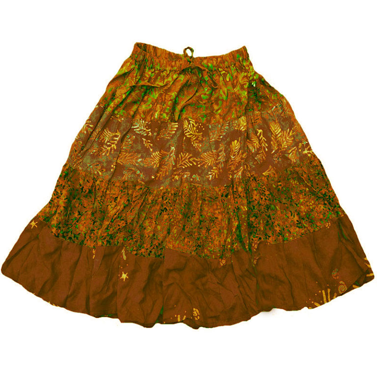 A brown skirt with green and yellow designs.
